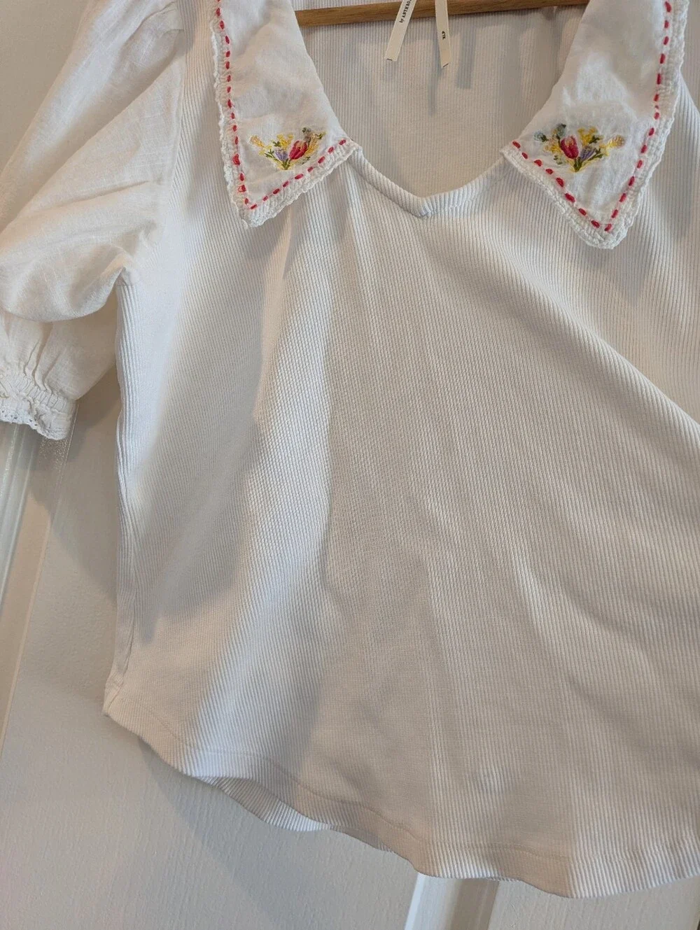 Anthropologie Short Puff Sleeve Collared Floral Embroidered Top White Size XLP